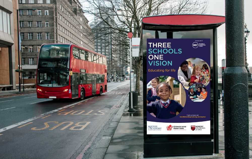 Bus stop poster advertising Wandle Learning Trust's school admissions campaign in Croydon, promoting Paxton Academy, Kensington Avenue Primary School and Norbury High School for Girls.