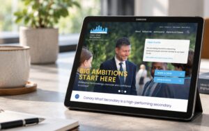 Canary Wharf Secondary school website displayed on a tablet, showcasing website design and development by Communitas.