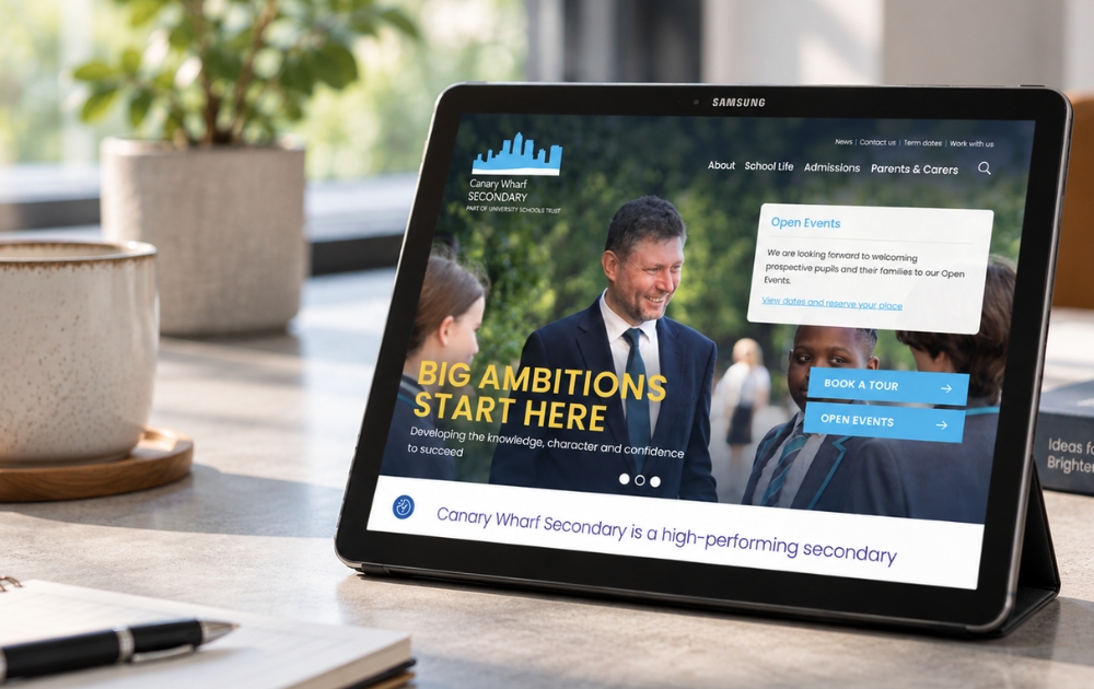 Canary Wharf Secondary school website displayed on a tablet, showcasing website design and development by Communitas.